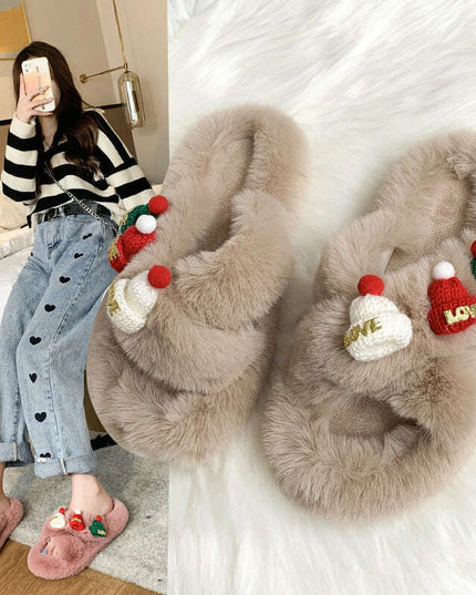 Christmas Hat Fluffy Slippers Women's Warm Toe Covering Cotton Slippers