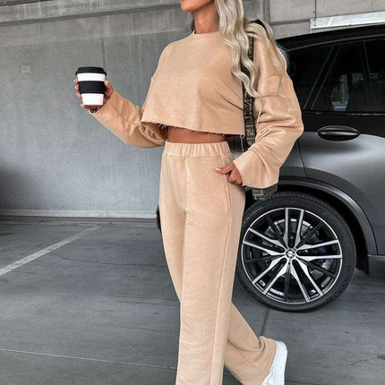 Trendy Khaki Distressed Crop Top and Wide Leg Trousers Set for Effortless Style