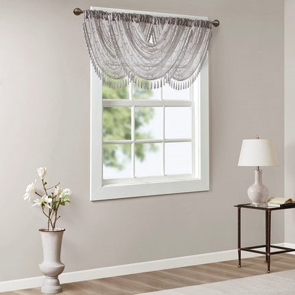 Room and Decor Diamond Sheer Embroidered Waterfall Valance, Grey 38x46