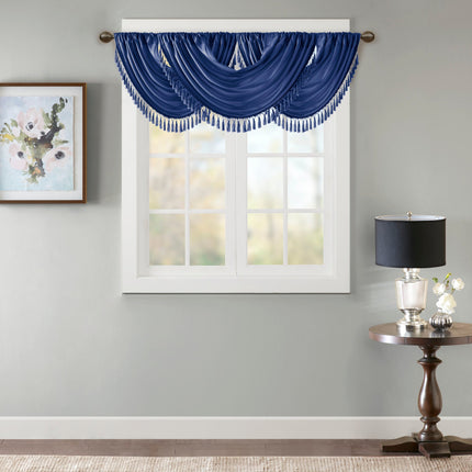 Room & Decor Faux Silk Waterfall Valance, Embellished, Navy 38x46