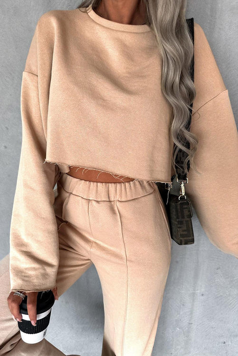 Khaki Distressed Ensemble with Crop Top and Wide Leg Pants