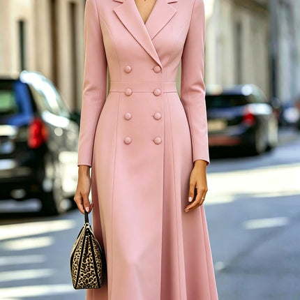 Women's Elegant Double-Breasted Long Dress — Cinched Waist & Flared Skirt