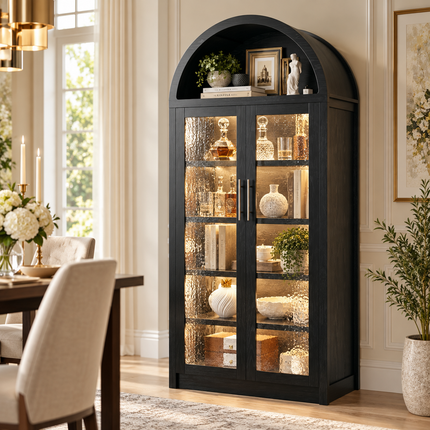 71" Tall Arched Cabinet with LED Lights | Glass Door Pantry Storage Cabinet