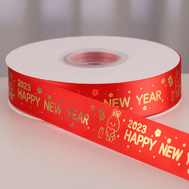 Peekaboo Studio Happy New Year Hot Stamping Red Polyester Ribbon 2.5cm