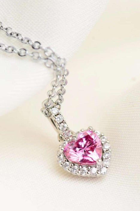 Sparkling Pink Moissanite Heart Necklace with Zircon Accents