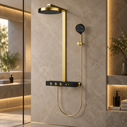 Luxury Concealed Thermostatic Shower System Set with Brass Rainfall Head & Gold Finish