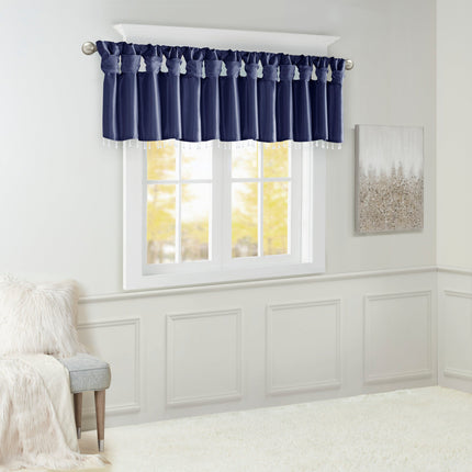 Room & Decor Lightweight Faux Silk Valance with Beads, Navy 50x26