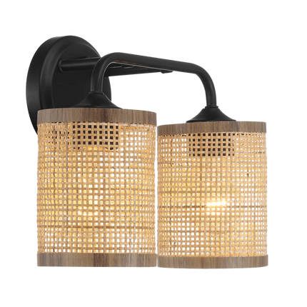 Quell Double Light Vanity Wall Lamp - Black Metal & Natural Rattan Sha