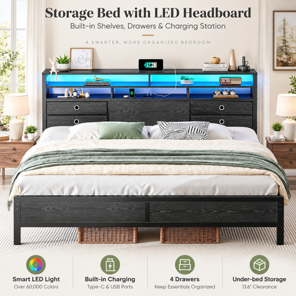 King Bed Frame with 3-Tier Storage Headboard, RGB LED, 4 Drawers & Charging Station — Black / Brown Platform Beds & Bed Frames king-bed-frame-with-storage-headboard-led-lights-charging-station-4-drawers-heavy-duty-no-box-spring-needed Furniture > Bedroom Furniture > Beds & Bed Frames > Platform Beds