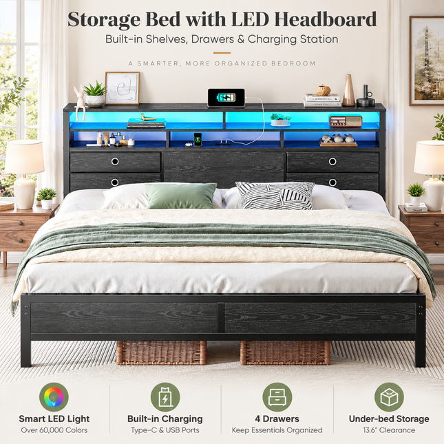 King Bed Frame with 3-Tier Storage Headboard, RGB LED, 4 Drawers & Charging Station — Black / Brown