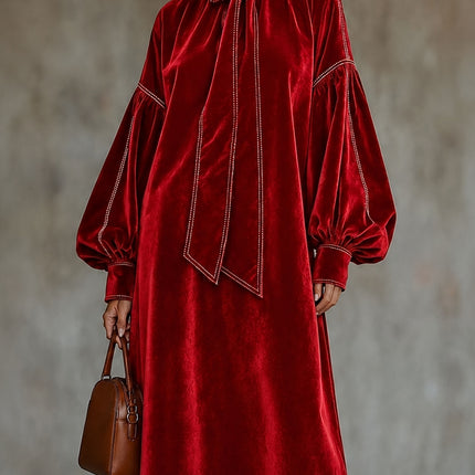 Peekaboo Studio High-Neck Velvet Dress with Bow & Elegant Design