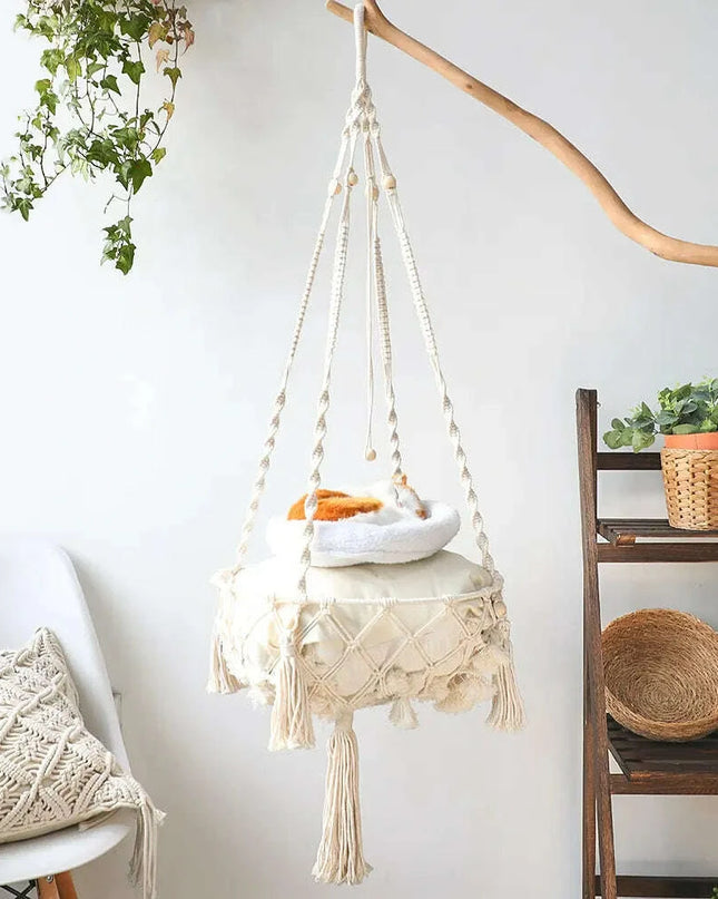 Spacious Macrame Pet Hammock - Stylish Hanging Swing Bed for Cats and Dogs, Cozy Home Accessory, Perfect Gift for Furry Friends