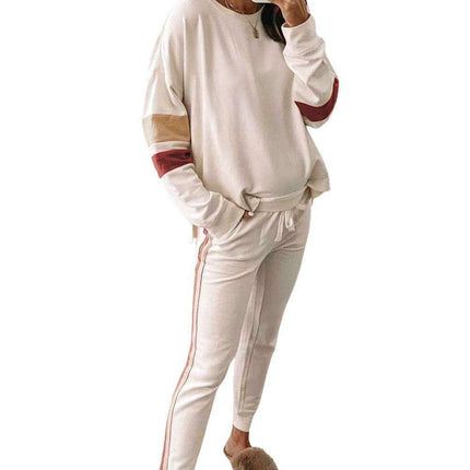 Stylish White Color Block Lounge Set with Luxurious Contrast Trim