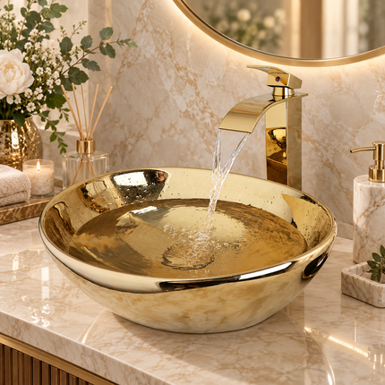 Luxury Gold Ceramic Vessel Sink - Round Above Counter Basin with Faucet
