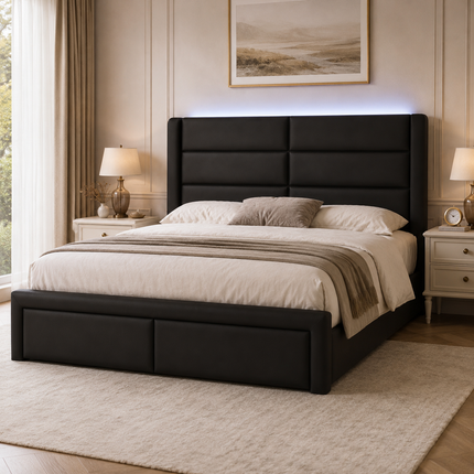 Queen Upholstered Bed Frame with LED Lighting & Faux Leather Headboard — No Box Spring Needed Platform Beds & Bed Frames queen-upholstered-bed-frame-with-led-lights-faux-leather-no-box-spring-needed-black Furniture > Bedroom Furniture > Beds & Bed Frames