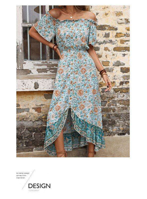 Chic Vintage Floral One-Shoulder Dress with Petal Sleeves for Effortless Summer Elegance