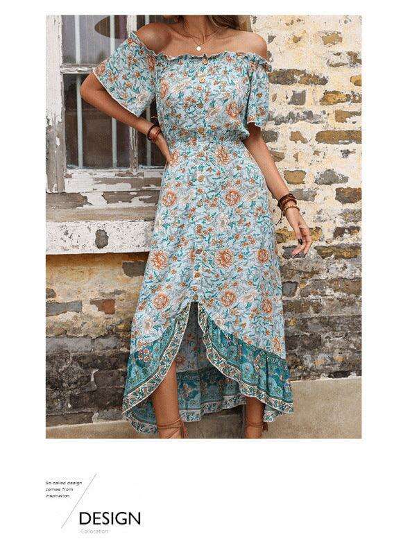 Chic Vintage Floral One-Shoulder Dress with Petal Sleeves for Effortless Summer Elegance