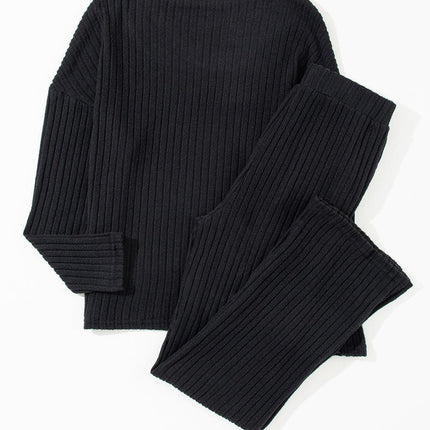 Elegant Black Ribbed V-Neck Lounge Set