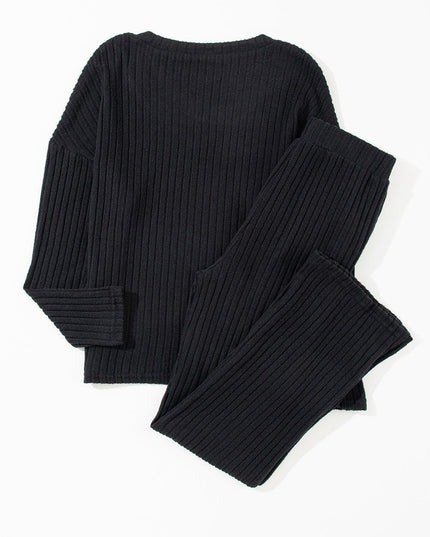 Elegant Black Ribbed V-Neck Lounge Set