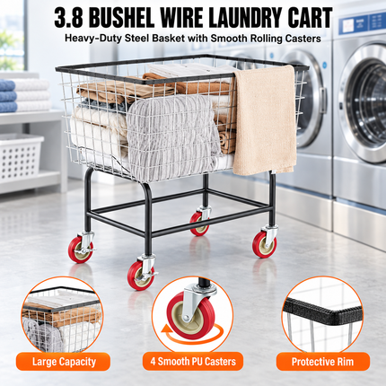 TideRise Wire Laundry Cart with Wheels, 3.8 Bushel Capacity, 32.5 Laundry Carts wire-laundry-cart-3-8bushel-wire-laundry-basket-with-wheels-32-5x21-3x29-9-commercial-laundry-basket