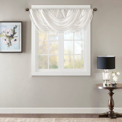 Room and Decor Faux Silk Waterfall Valance, Embellished, 38x46" White