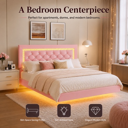 Full Floating Bed Frame with LED Lighting & Pink Diamond Headboard — No Box Spring Needed Platform Beds & Bed Frames full-floating-bed-frame-with-led-lights-pink-upholstered-diamond-headboard-no-box-spring-needed-noise-free-easy-assembly Furniture > Bedroom Furniture > Beds & Bed Frames