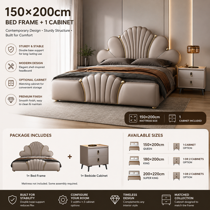 Modern Bed Frame with Optional Bedside Cabinets — 150 / 180 / 200cm Widths