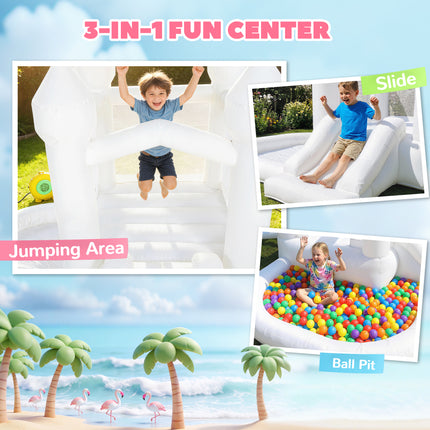 Peekaboo Studio 3-in-1 White Castle Bounce House with Slide & Ball Pit
