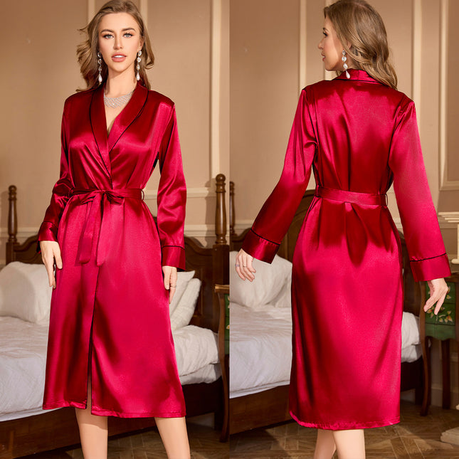 Peekaboo Studio Red Ice-Silk Long-Sleeve Nightgown & Satin Feel Robe