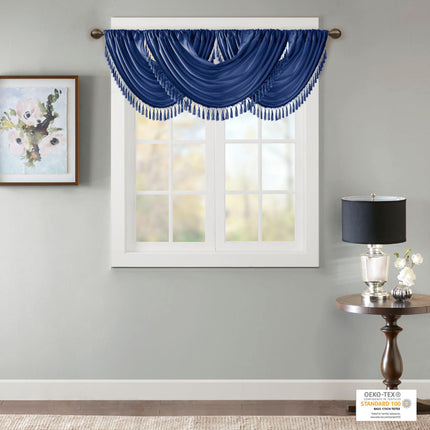 Room & Decor Faux Silk Waterfall Valance, Embellished, Navy 38x46