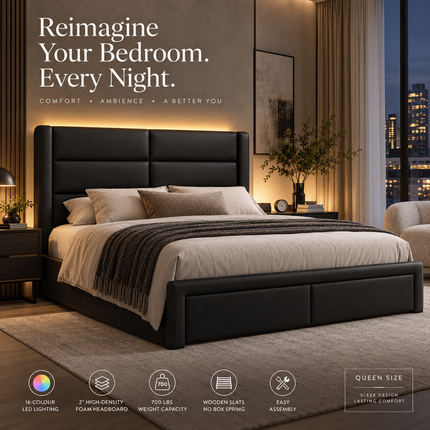 Queen Upholstered Bed Frame with LED Lighting & Faux Leather Headboard — No Box Spring Needed Platform Beds & Bed Frames queen-upholstered-bed-frame-with-led-lights-faux-leather-no-box-spring-needed-black Furniture > Bedroom Furniture > Beds & Bed Frames