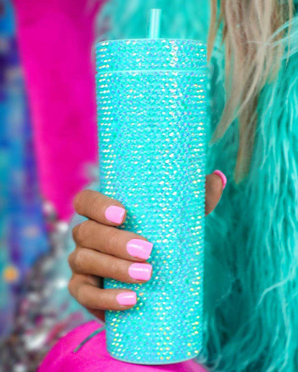 Emerald Elegance Rhinestone-Studded Tumbler for Luxurious Hydration