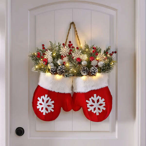 Christmas Garland Creative Glove Shaped Simulated Flower Wreath Window Door Gate Decoration Door Sign Xmas Party Decoration