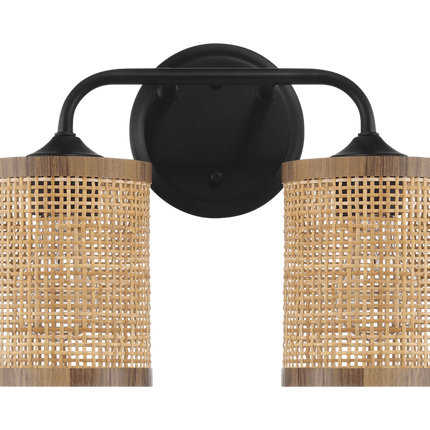 Quell Double Light Vanity Wall Lamp - Black Metal & Natural Rattan Sha