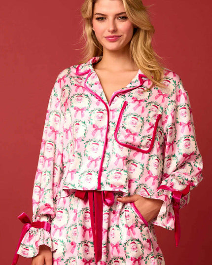 2 Pcs Women's Christmas Pajama Set Santa Tree Print Lapel Neck Button-up Long Sleeve Tops Shorts Loungewear Outfit