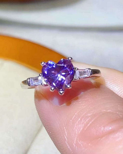 Enchanting Platinum Heart Ring with Purple Moissanite and Zircon Accents - A Symbol of Love
