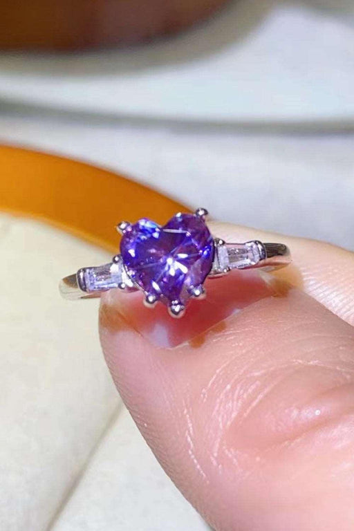 Platinum Heart Ring with Purple Moissanite and Zircon Accents - An Enchanting Emblem of Affection