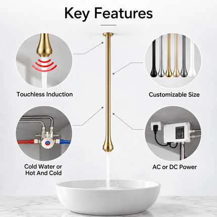 Ceiling-Mounted Sensor Bathroom Faucet - Solid Brass, Customizable Length