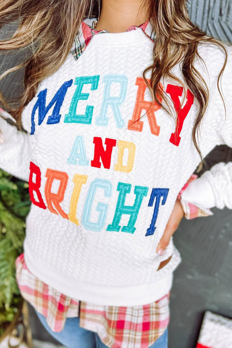 Cozy White Cable Knit Jumper with Merry & Bright Slogan