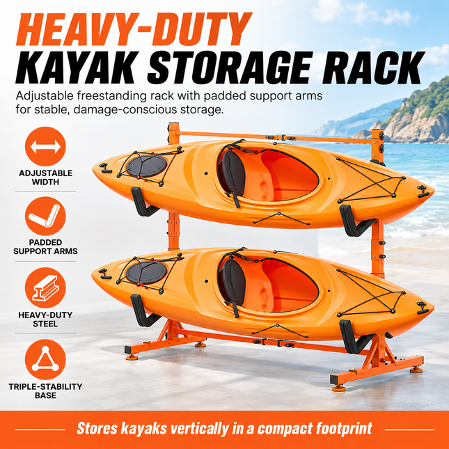 Freestanding Kayak Storage Rack — Adjustable for 4 Kayaks, Canoes & Paddleboards