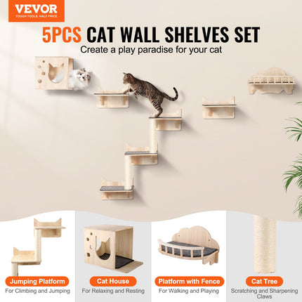 Peekaboo Studio Wall Mounted Cat Shelves - Set of 5 with Jumping Board