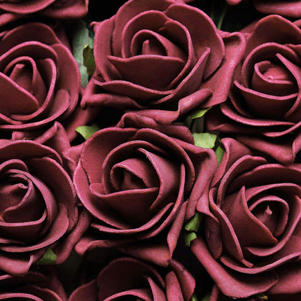 AliKopy 24 Burgundy Foam Roses with Wire Stem and Leaves - Realistic D