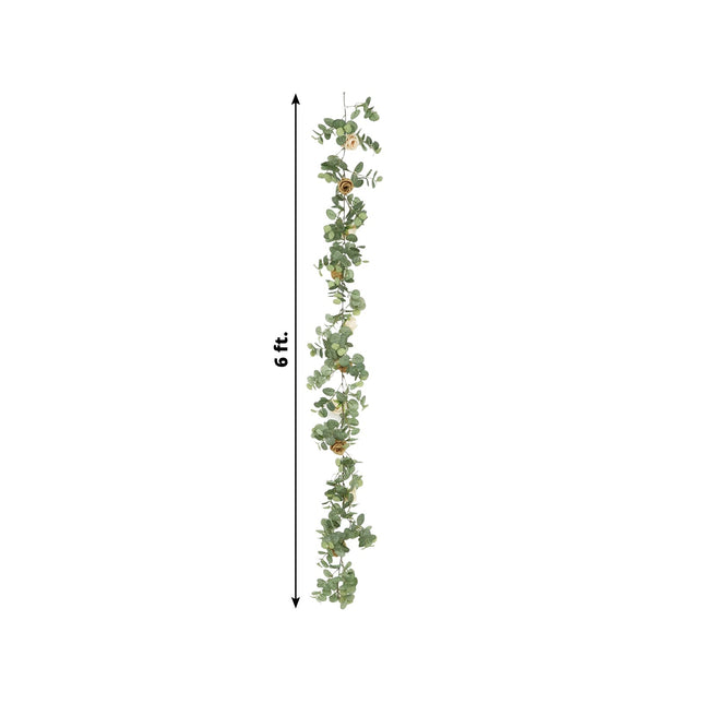 AliKopy 6ft Artificial Eucalyptus Garland with Cream/Gold Roses, UV Re