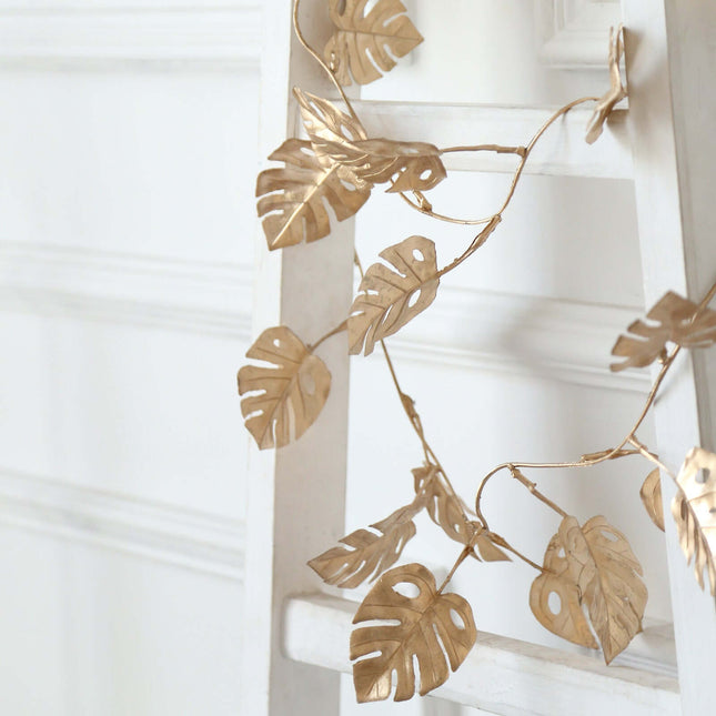 AliKopy 7ft Metallic Gold Monstera Leaf Vine - Faux Tropical Garland