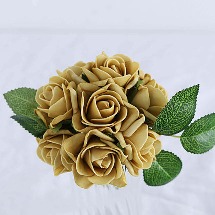 AliKopy 24 Gold Artificial Foam Roses - 2" with Stem Wire & Leaves