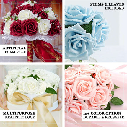 AliKopy 24 White Foam Roses - 5" Flowers with Stem Wire & Leaves