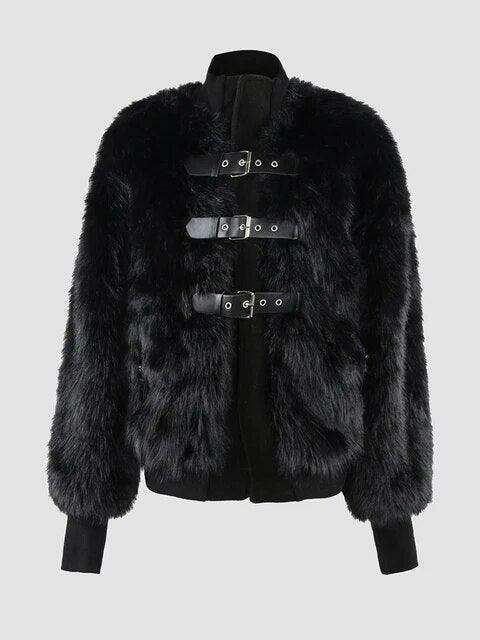 Vintage Chic White and Black Patchwork Faux Fox Fur Coat for Women