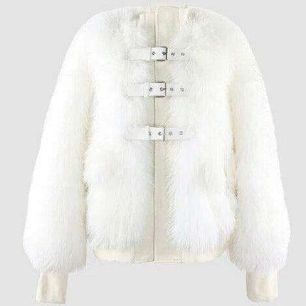 Vintage Chic White and Black Patchwork Faux Fox Fur Coat for Women