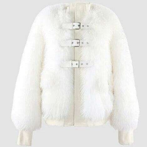 Vintage Chic White and Black Patchwork Faux Fox Fur Coat for Women
