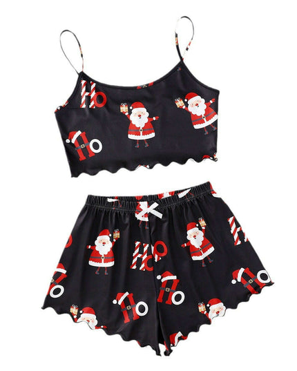 Christmas European And American Thin Pajamas Women's Sleeveless Shorts Milk Silk Simple Casual Two-piece Suit Homewear